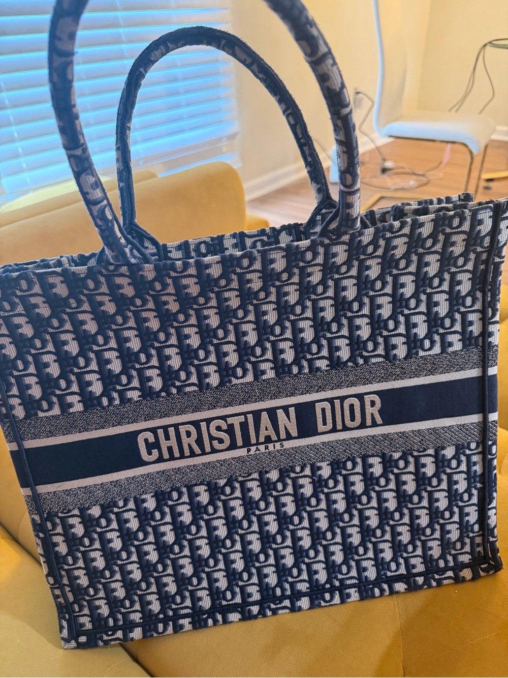 Navy and White Christian Dior Logo Tote